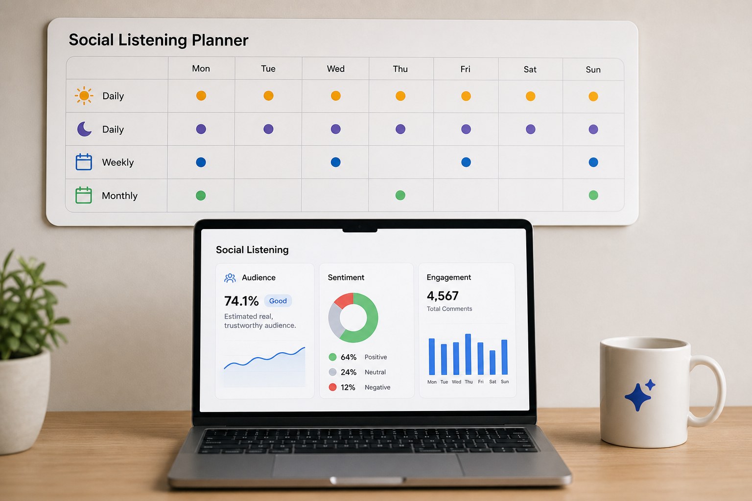 Weekly planner and a single listening dashboard showing a routine for reviewing social listening data