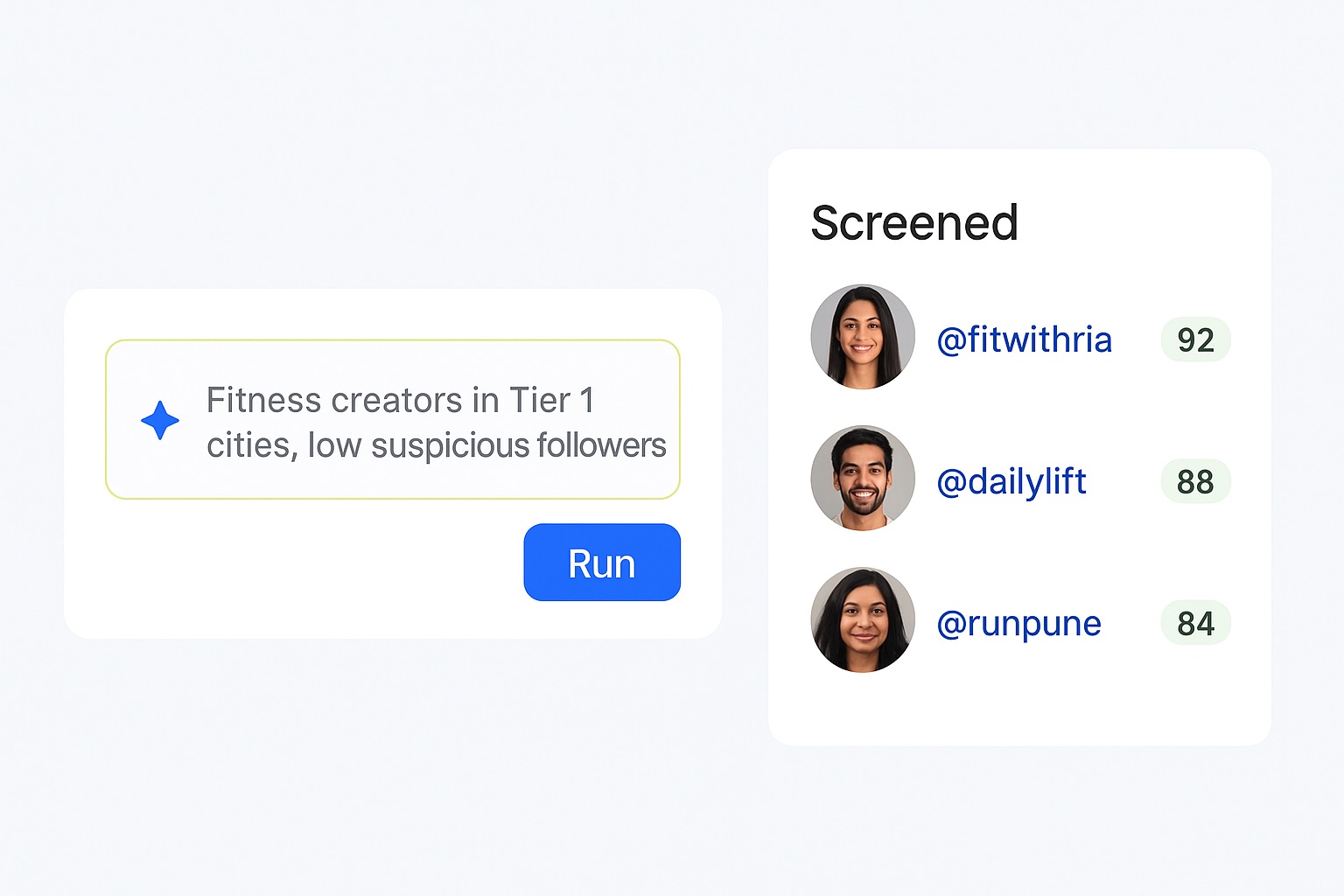Natural language creator search returning screened results for an agency brief