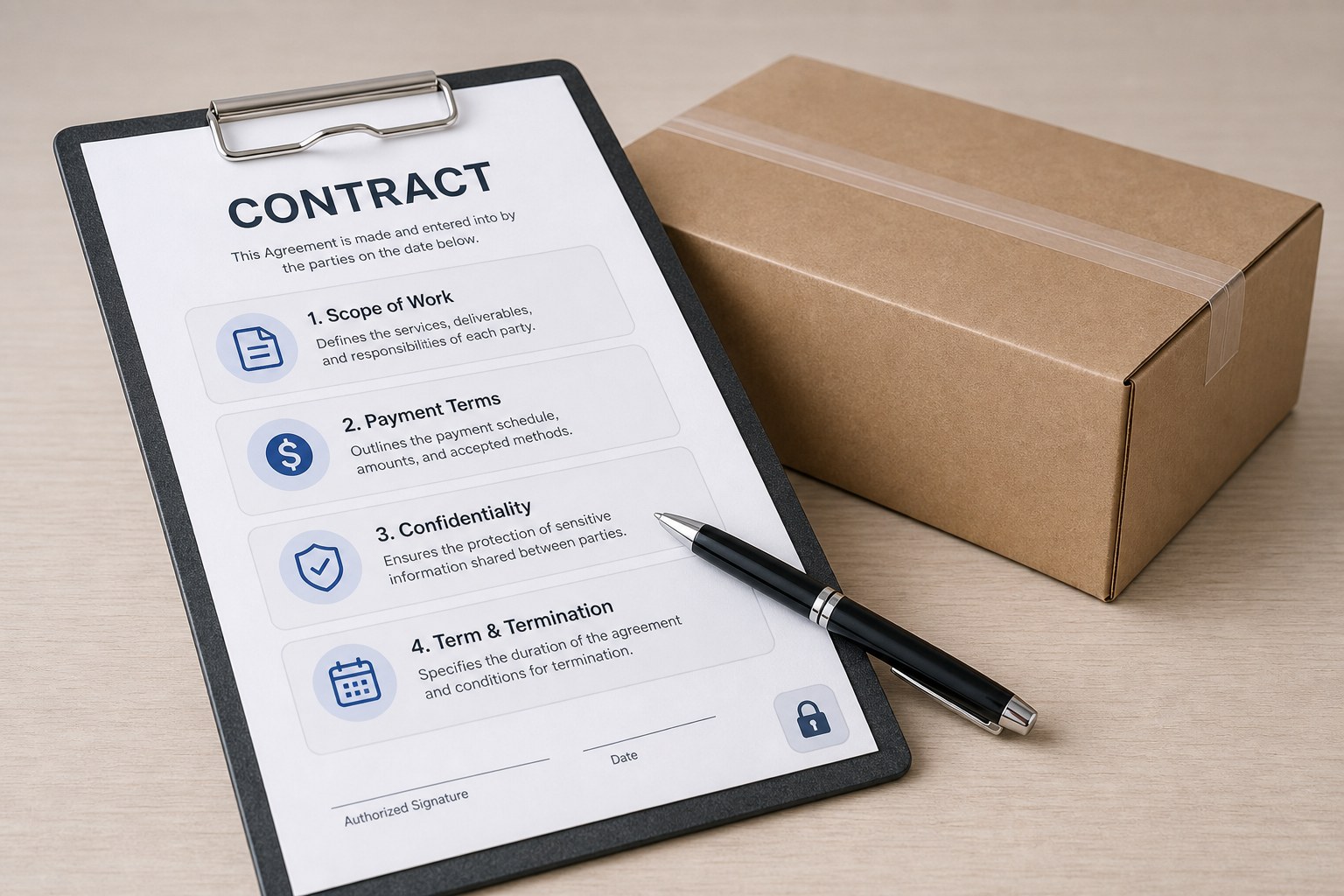 Influencer contract on a clipboard next to a sealed product box, showing the contract must be signed before work starts
