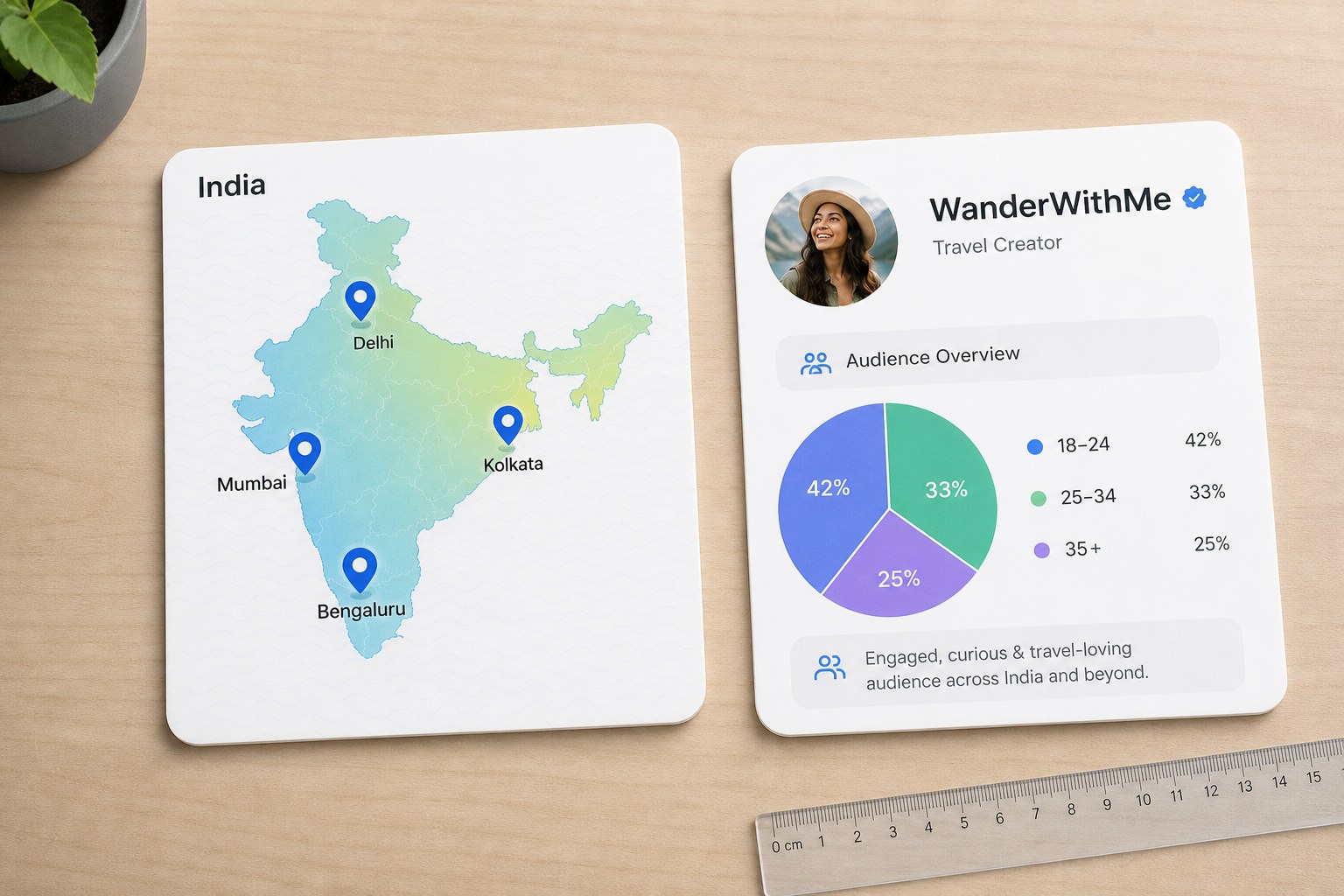 Map of India with city pins next to a creator audience chart, showing the audience demographics check