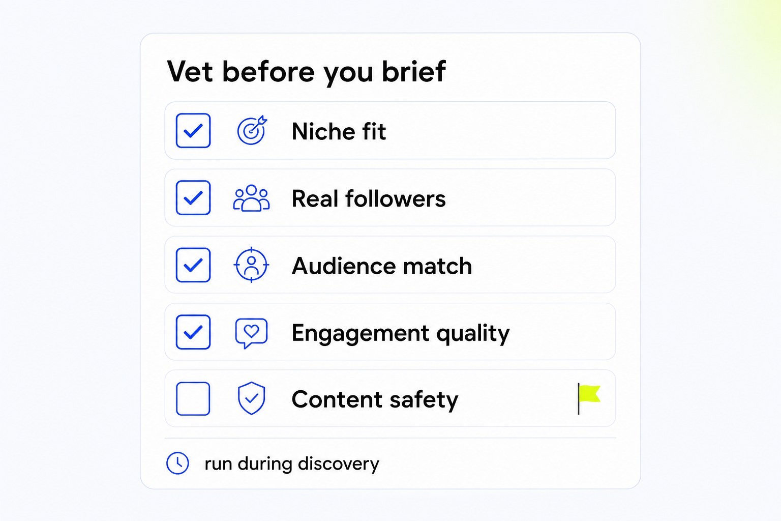 Checklist card of the 5 checks for how to vet influencers before signing
