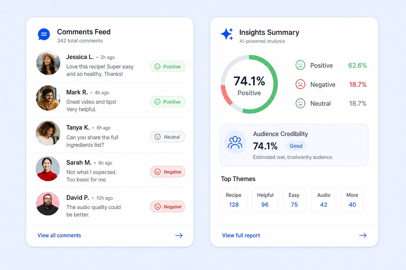 Social intelligence vs social listening shown as a comment sentiment card next to a competitor benchmark card