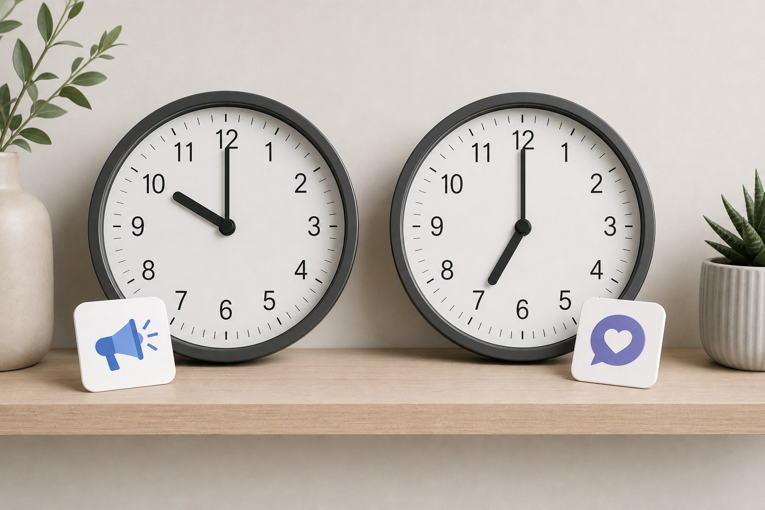 Two clocks showing a morning reach peak and an evening engagement peak for Instagram posts