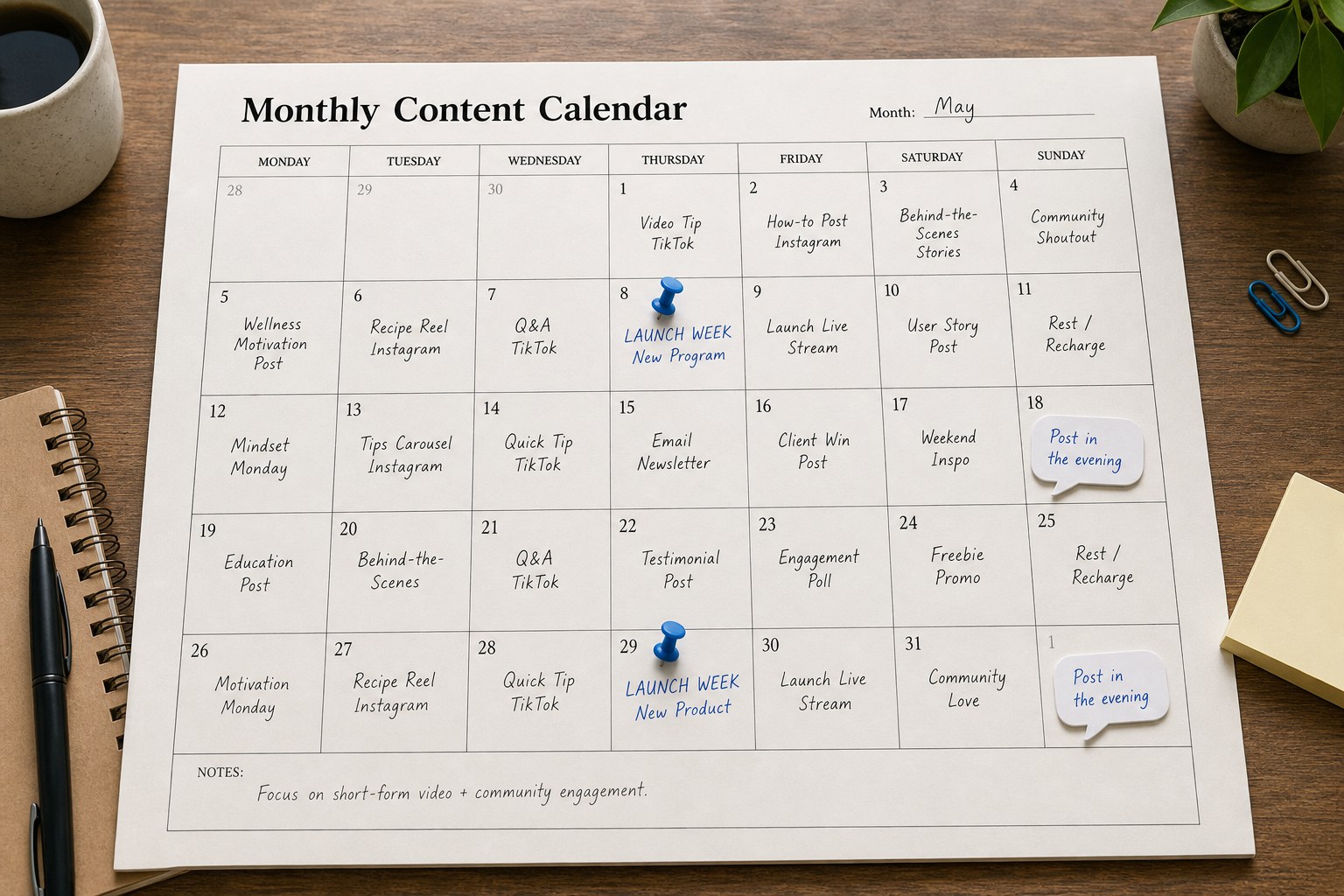 Content calendar with launch posts pinned to reach peaks and community posts placed in engagement peaks