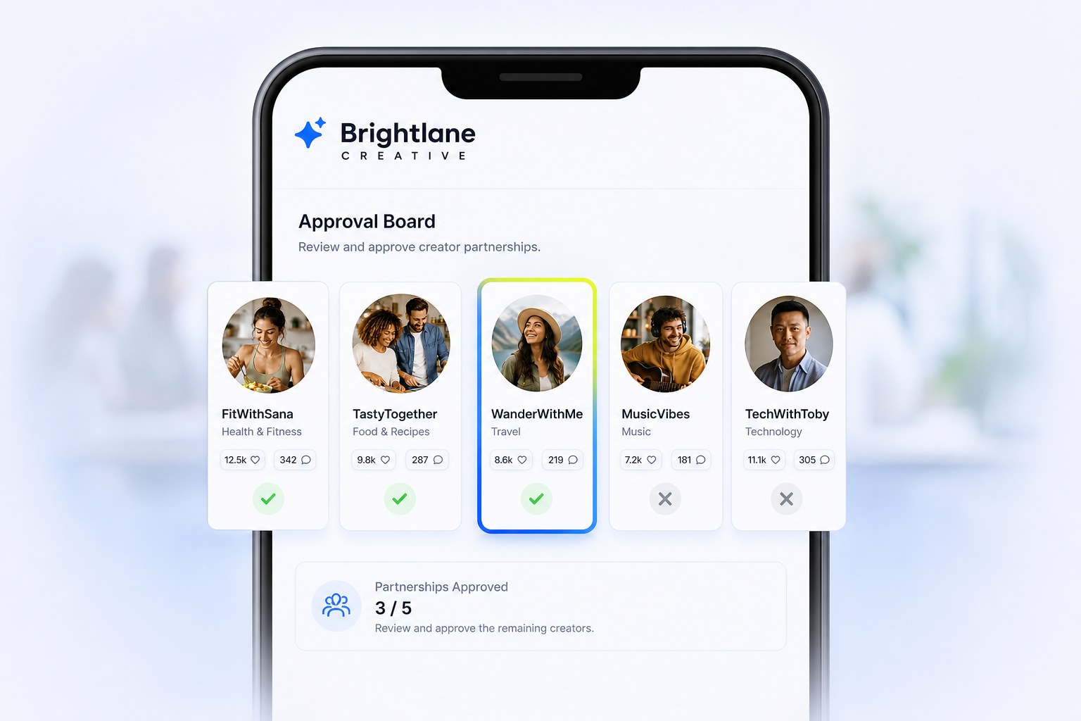 Phone showing a white-labelled campaign approval board from the client's side